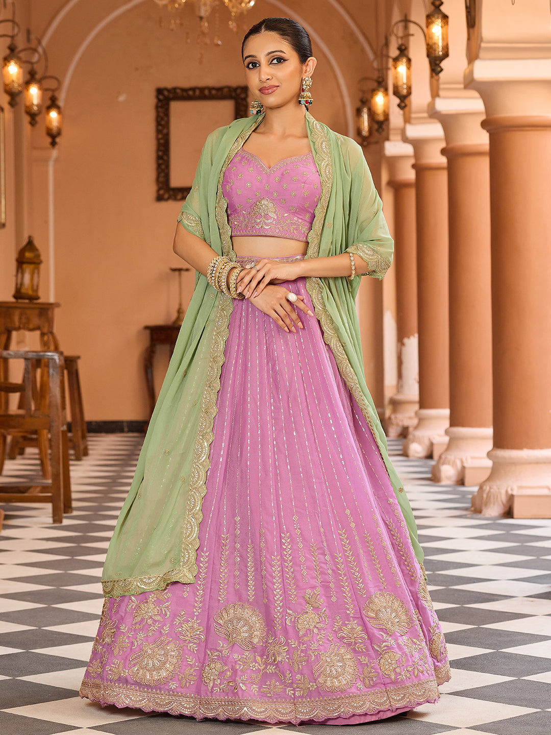 Pink- Tissue Silk Fabric Sequins embroidery Semi-Stitched Lehenga & Unstitched Blouse With Dupatta House of Panchhi