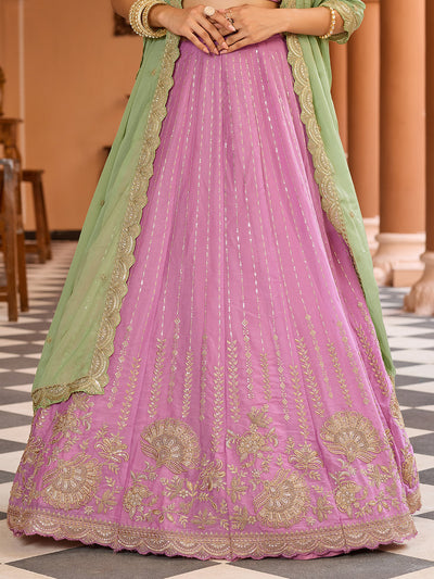 Pink- Tissue Silk Fabric Sequins embroidery Semi-Stitched Lehenga & Unstitched Blouse With Dupatta House of Panchhi