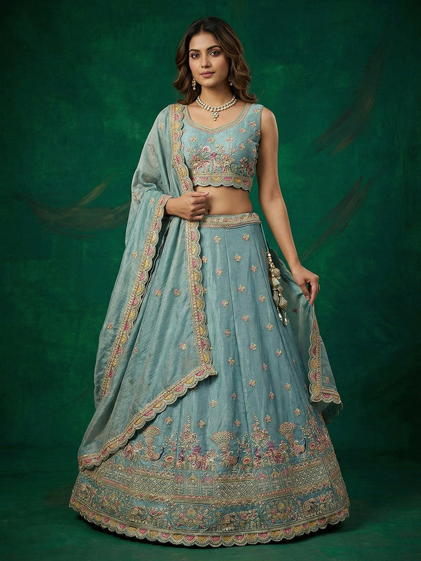 Turquoise Tissue Zarkan Embroidered Lehenga Set House of Panchhi