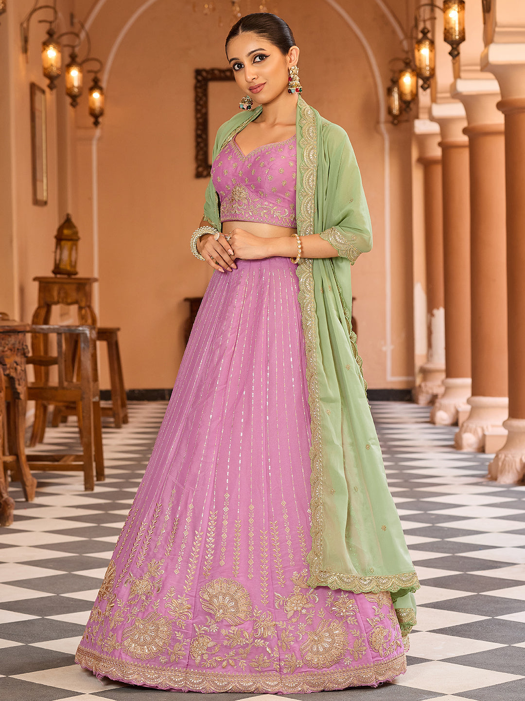 Pink- Tissue Silk Fabric Sequins embroidery Semi-Stitched Lehenga & Unstitched Blouse With Dupatta House of Panchhi