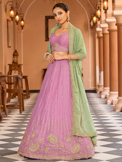 Pink- Tissue Silk Fabric Sequins embroidery Semi-Stitched Lehenga & Unstitched Blouse With Dupatta House of Panchhi