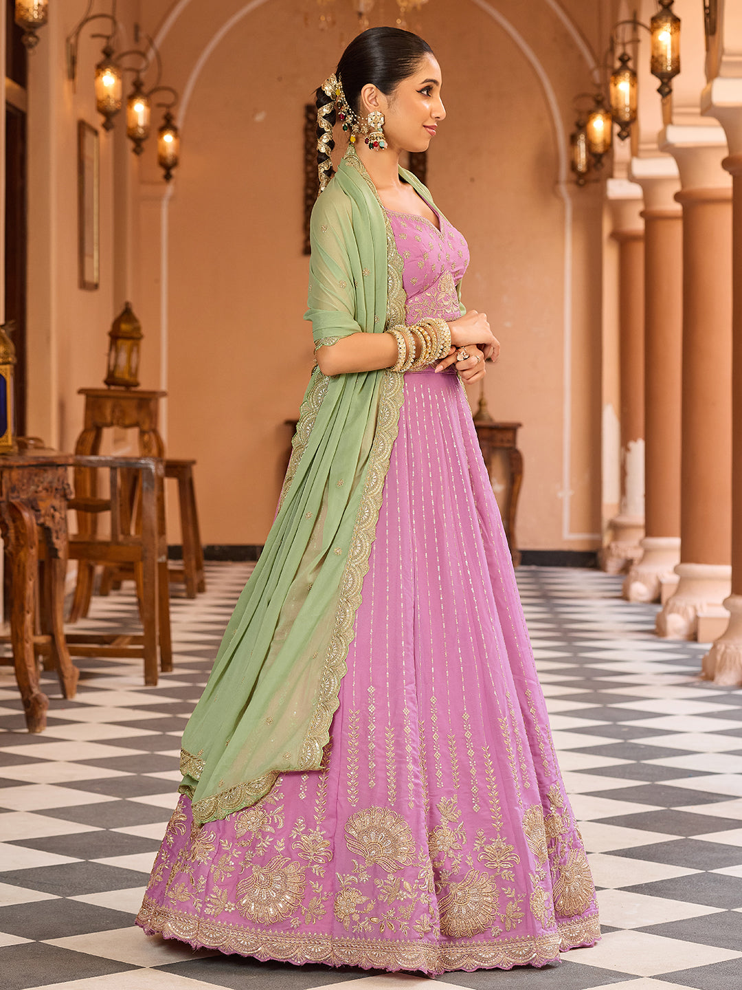 Pink- Tissue Silk Fabric Sequins embroidery Semi-Stitched Lehenga & Unstitched Blouse With Dupatta House of Panchhi