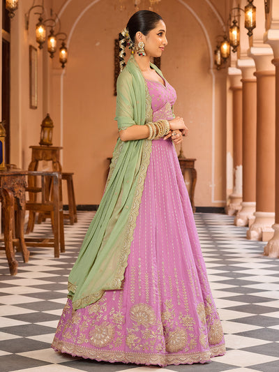 Pink- Tissue Silk Fabric Sequins embroidery Semi-Stitched Lehenga & Unstitched Blouse With Dupatta House of Panchhi
