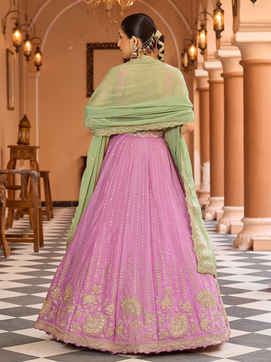 Pink- Tissue Silk Fabric Sequins embroidery Semi-Stitched Lehenga & Unstitched Blouse With Dupatta House of Panchhi
