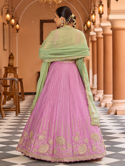 Pink- Tissue Silk Fabric Sequins embroidery Semi-Stitched Lehenga & Unstitched Blouse With Dupatta House of Panchhi