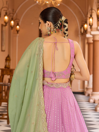 Pink- Tissue Silk Fabric Sequins embroidery Semi-Stitched Lehenga & Unstitched Blouse With Dupatta House of Panchhi