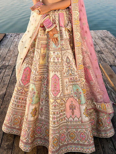 Off-White Banarasi Silk Hand Work Embroidered Bridal Semi Stitched Lehenga with Single Peach Color Dupatta