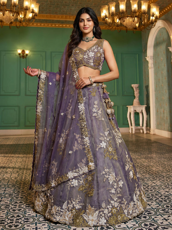 Shade of Purple Tissue beads sequince Embroidered Lehenga Set House of Panchhi