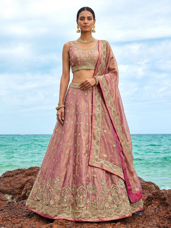 Rose Gold Tissue Moti with Embroidered Lehenga Set House of Panchhi