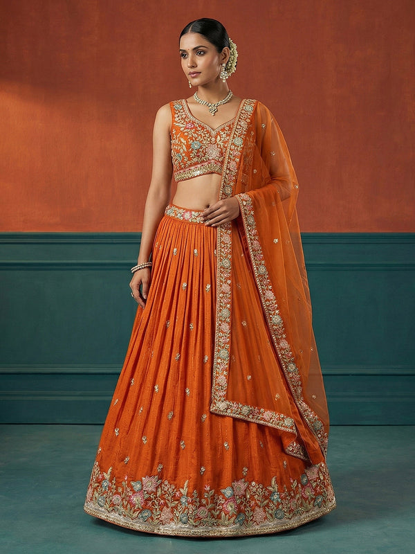 Orange Georgette Sequince Embroidered Lehenga Choli with Dupatta House of Panchhi