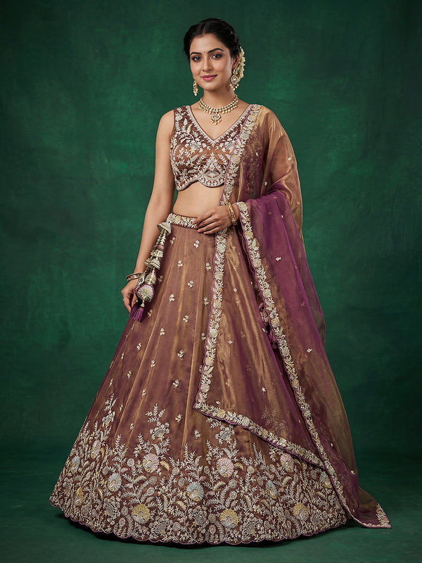 Copper Brown Tissue Moti with Embroidered Lehenga Set House of Panchhi