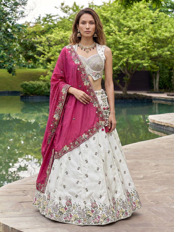 White & Pink Chiffon Beads with Embroidered Lehenga Set House of Panchhi