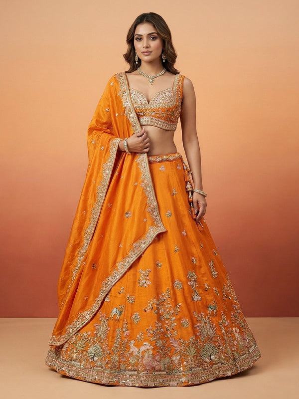 Panchhi Orange Tissue with Colourful Peacock Embroidery Semi-Stitched Lehenga Set House of Panchhi