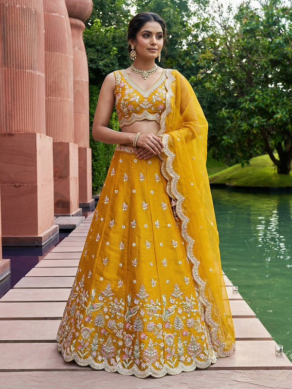 Mustard Tissue Mirror sequince Embroidered Lehenga Choli with Dupatta House of Panchhi