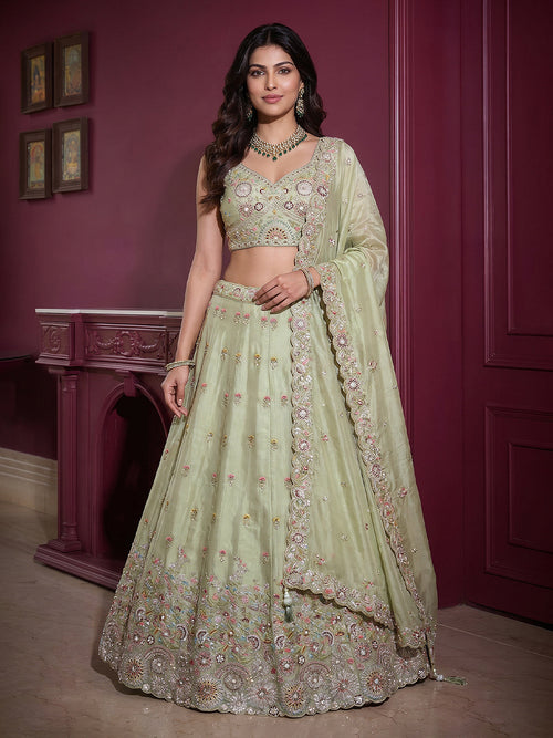 Limegreen Floral Embroidered Using Moti, Zarkan Multi-Color Tissue Semi-Stitched Lehenga Set