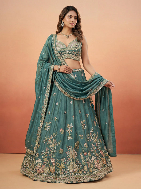Green Tissue Sequience Thread Embroidered Semi-Stitched Lehenga House of Panchhi