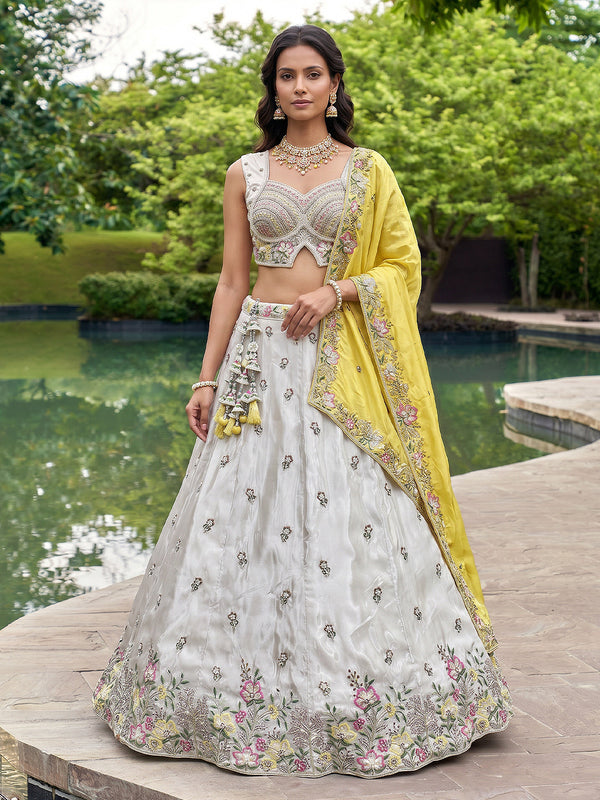 Grey & Mustard Chiffon Beads with Embroidered Lehenga Set House of Panchhi