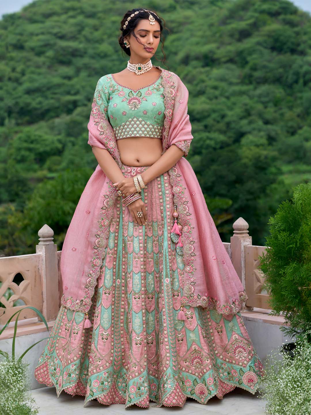 Seagreen-Pink Pure Viscos Patch-Work Embroidered Semi Stitched Lehenga Choli