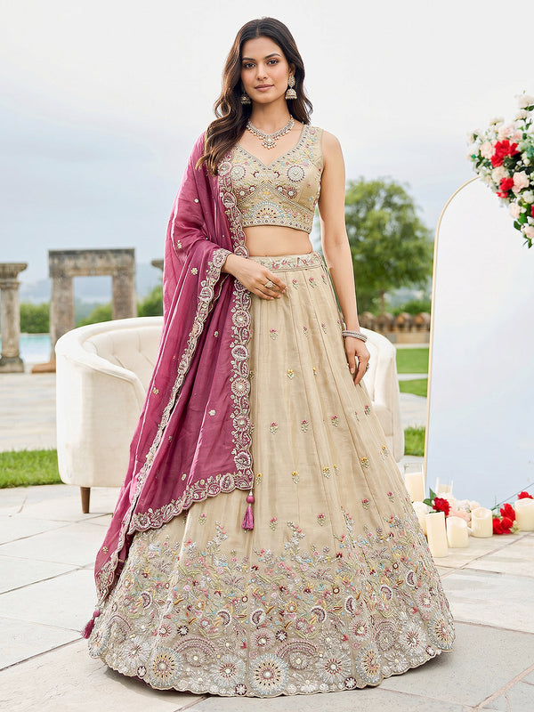 Beige-Pink Floral Embroidered Using Moti, Zarkan Multi-Color Tissue Semi-Stitched Lehenga Set House of Panchhi