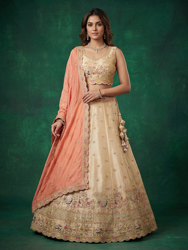 Beige Tissue Zarkan Embroidered Lehenga Set House of Panchhi