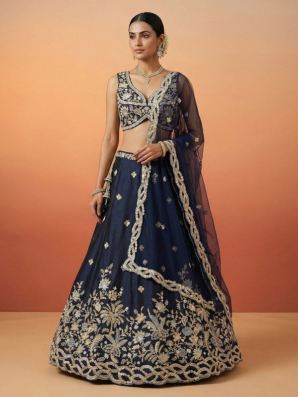 Dark Blue Tissue Beads with Embroidered Lehenga Set House of Panchhi