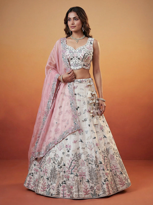 White and Pink Organza Swarovski stones Embroidered Lehenga Set House of Panchhi