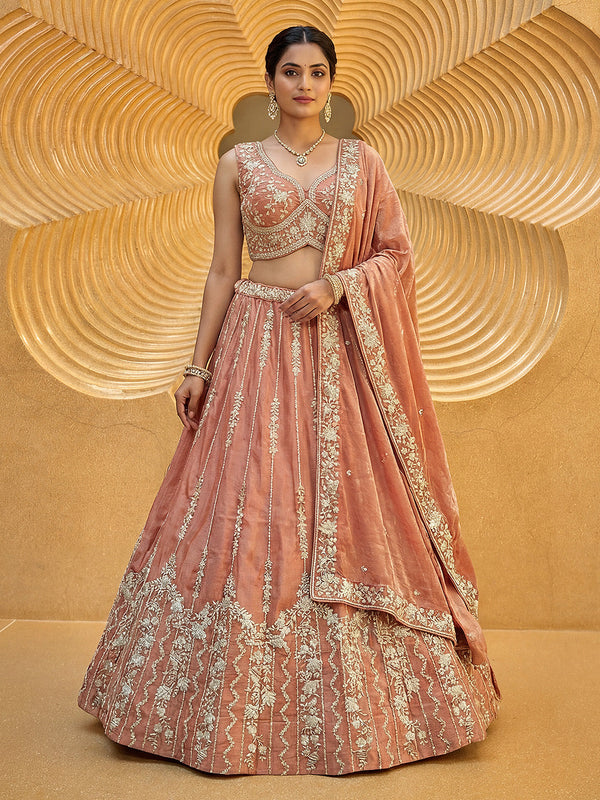 Rust Chiffon Sequence with zari thread Embroidered Lehenga Set House of Panchhi