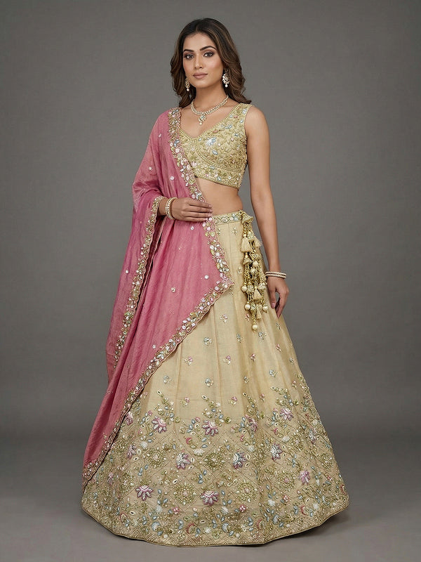 Beige & Pink Tissue Sequince with Embroidered Lehenga House of Panchhi