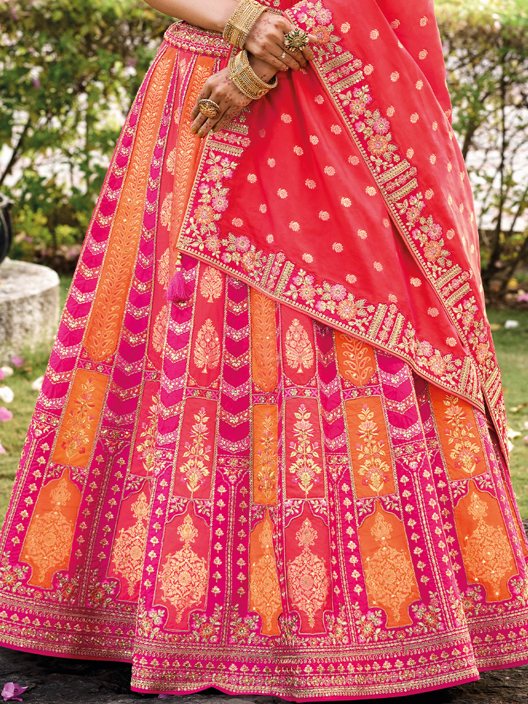 Pink-Orange Banarasi Silk Heavy Embroidered Cut Work Semi Stitched Lehenga Choli