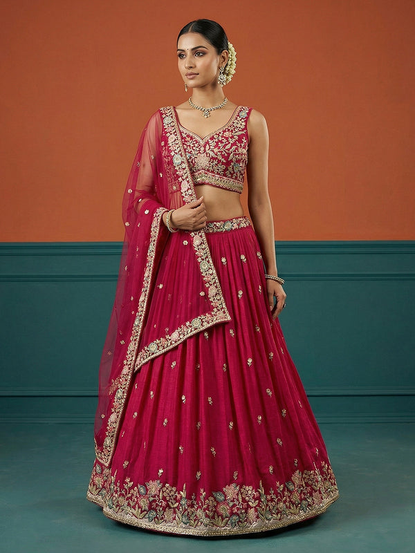 Hot Pink Georgette Sequince Embroidered Lehenga Choli with Dupatta House of Panchhi