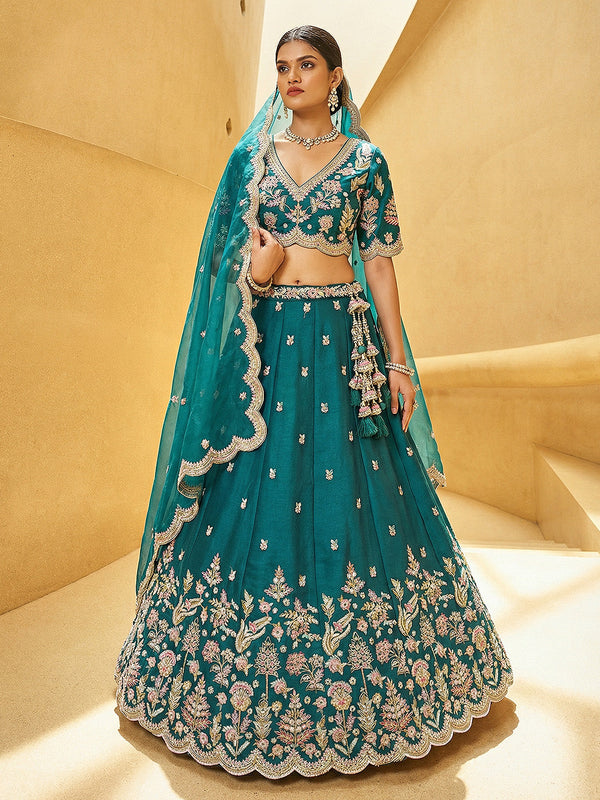 Teal Blue Tissue Mirror sequince Embroidered Lehenga Choli with Dupatta House of Panchhi