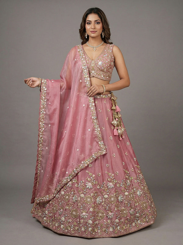 Pink Tissue Sequince with Embroidered Lehenga House of Panchhi