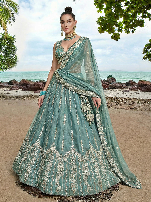 Turquoise Chiffon Sequence with zari thread Embroidered Lehenga Set House of Panchhi
