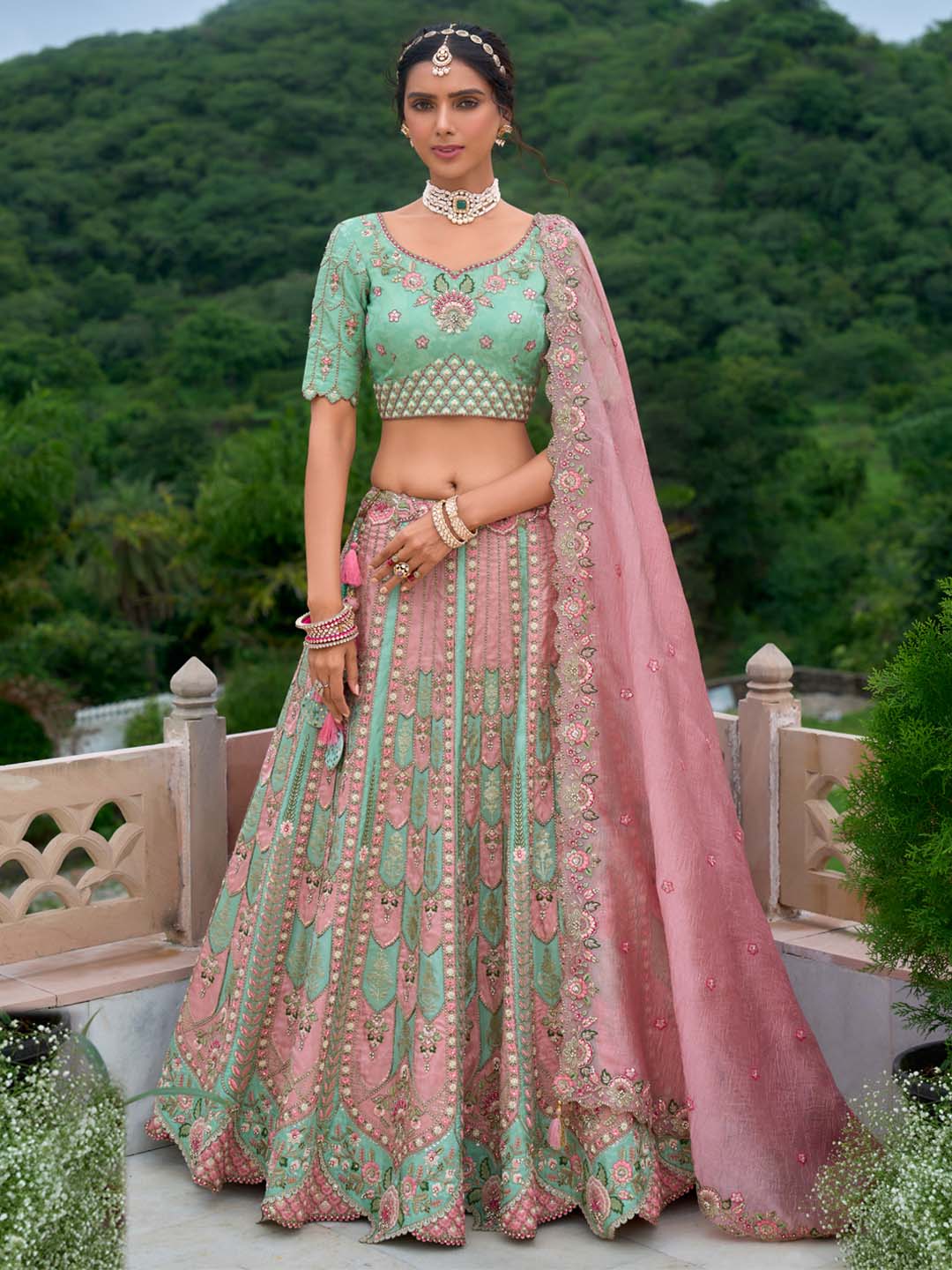 Seagreen-Pink Pure Viscos Patch-Work Embroidered Semi Stitched Lehenga Choli