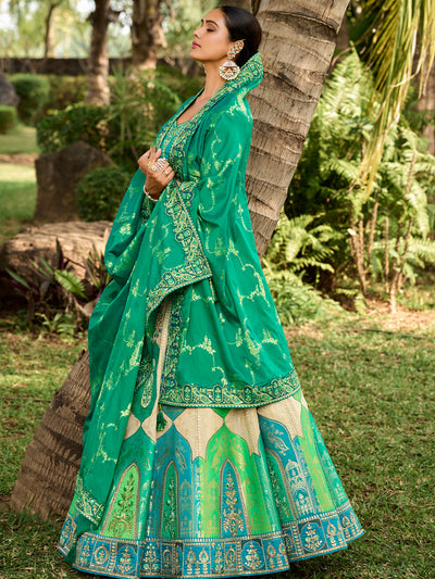 Off-White-Teal-Green Organza Silk Embroidered Cut Work Semi Stitched Lehenga Choli