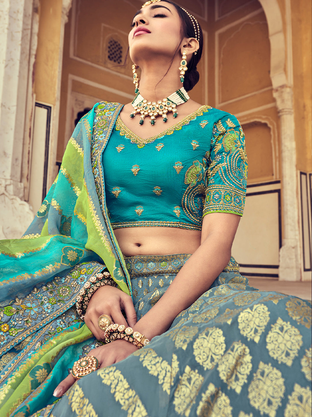 Blue-Green Heavy Gota Pati Patch Hand Work Banarasi Silk Semi Stitched Lehenga Choli