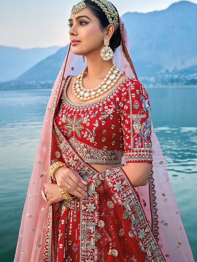 Red Silk Hand Work Embroidered Bridal Semi Stitched Lehenga with Single Red Color Dupatta