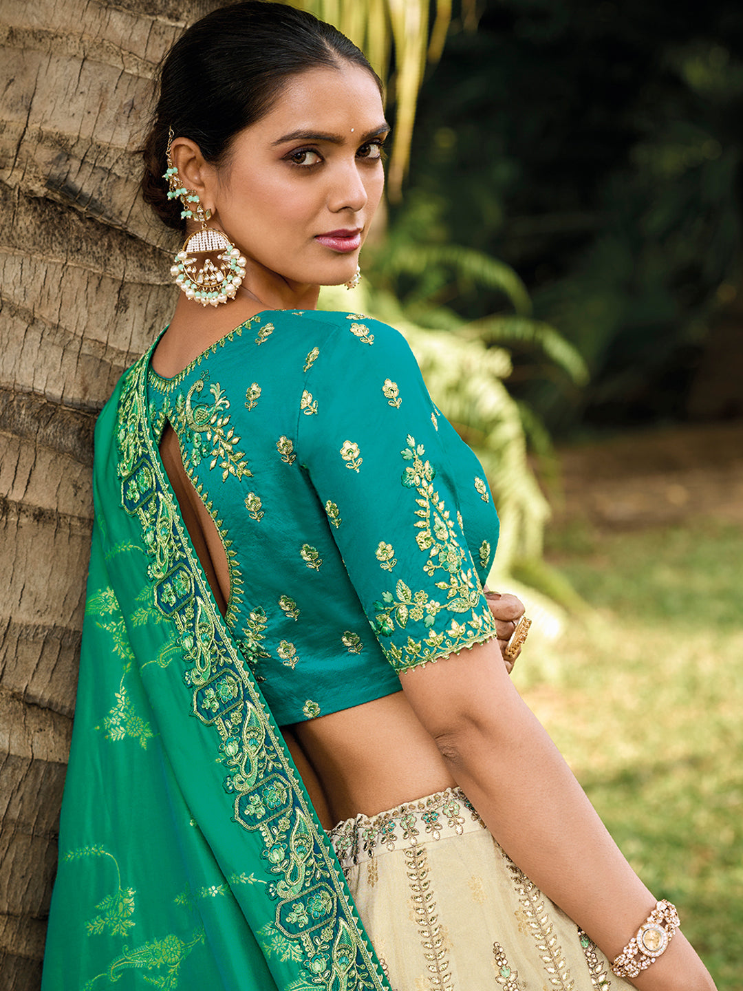 Off-White-Teal-Green Organza Silk Embroidered Cut Work Semi Stitched Lehenga Choli