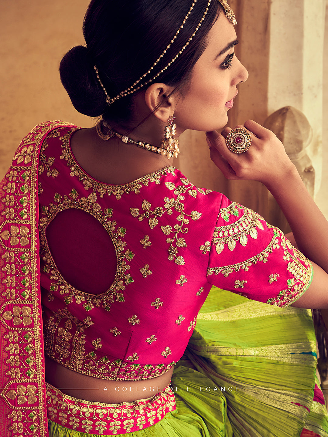 Green-Pink Heavy Embroidered Gota Pati Work Banarasi Silk Semi-Stitched Lehenga Choli