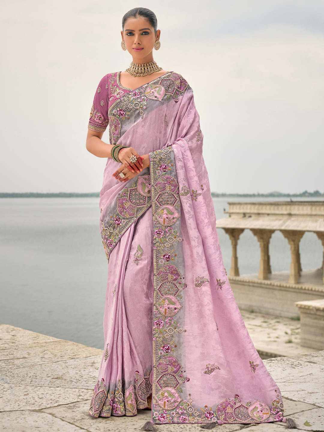 Lavender Color Banarasi Silk Embroidered with Heavy Patchwork Border Saree