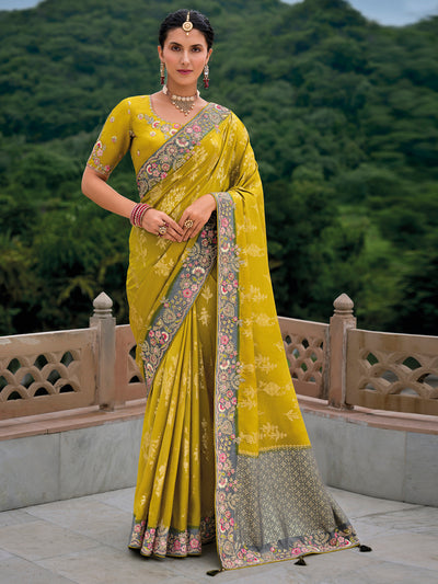 Yellow-Grey Color Pure Dola Silk Patch Work Border Embroiderey Saree