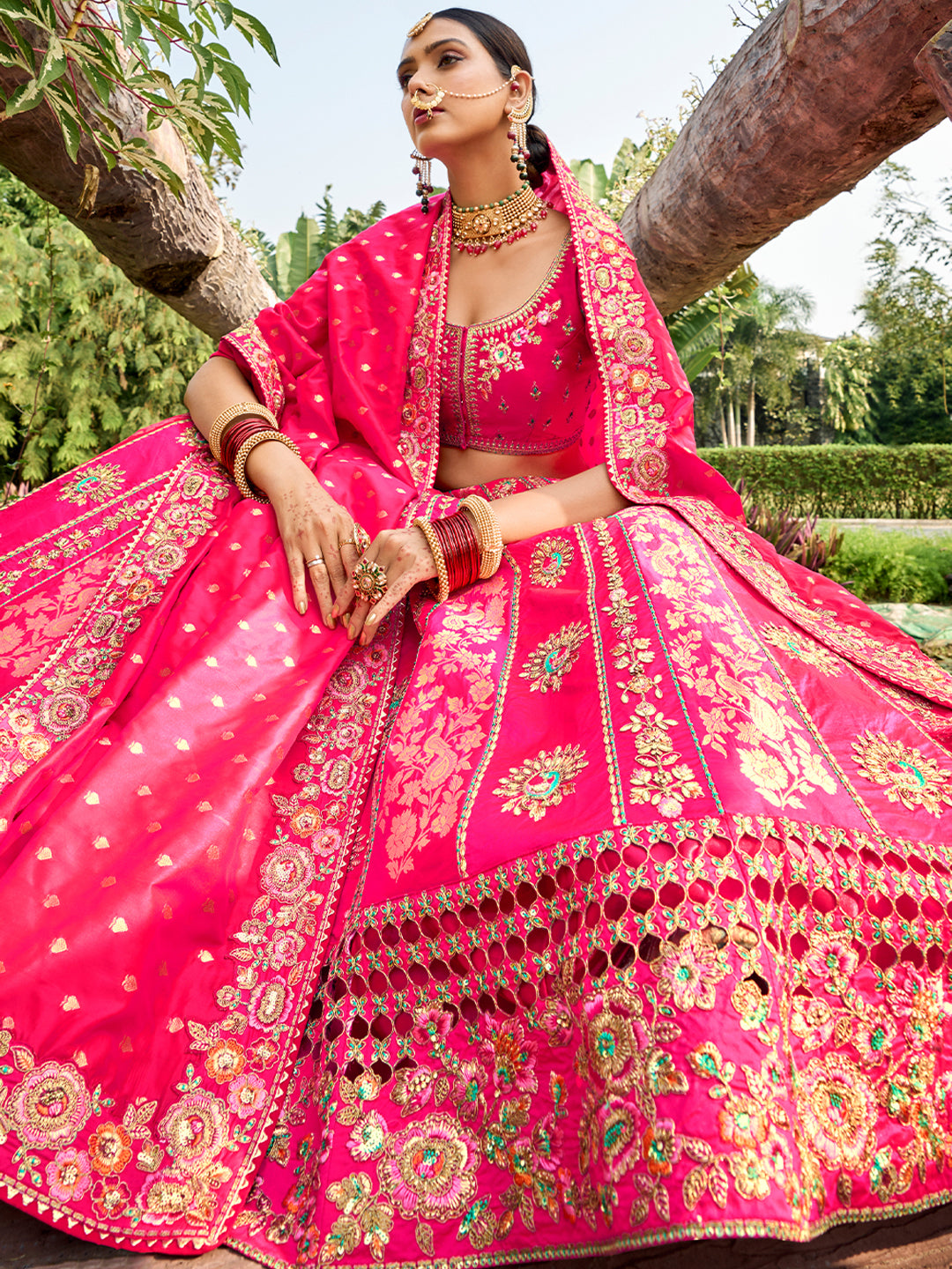 Pink-Golden-Rose Banarasi Silk Heavy Embroidered Cut Work Semi Stitched Lehenga Choli