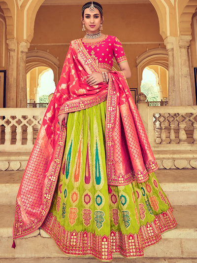 Green-Pink Heavy Embroidered Gota Pati Work Banarasi Silk Semi-Stitched Lehenga Choli