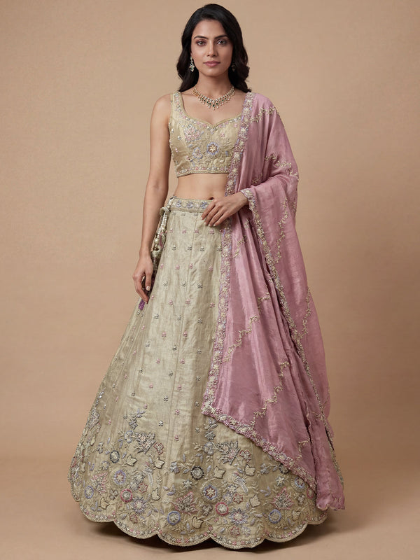 Tissue Fabric Beads & Sequince Embroidered Semi Stitched Lehenga Choli & Dupatta houseofpanchhi