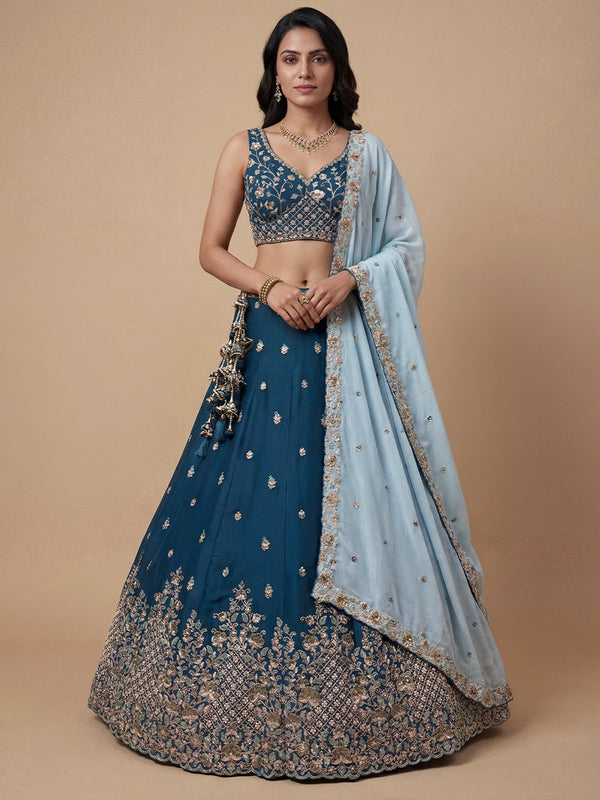 Georgette Fabric Golden Dull Sequins embroidery Semi-Stitched Lehenga Set