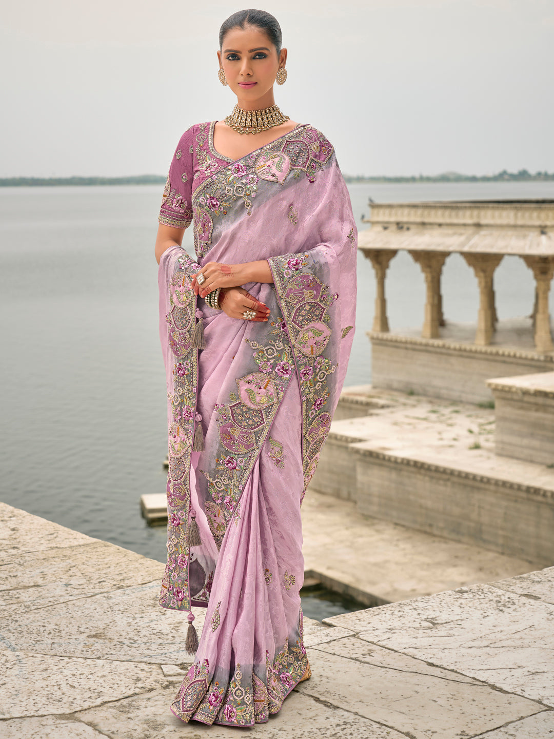 Lavender Color Banarasi Silk Embroidered with Heavy Patchwork Border Saree