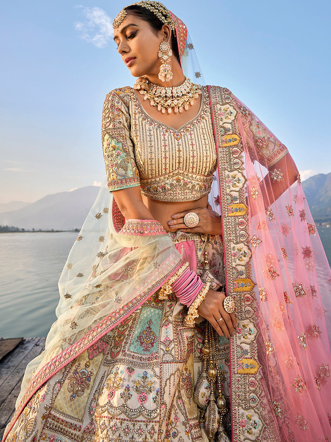 Off White Banarasi Silk Hand Work Embroidered Bridal Semi Stitched Leh houseofpanchhi