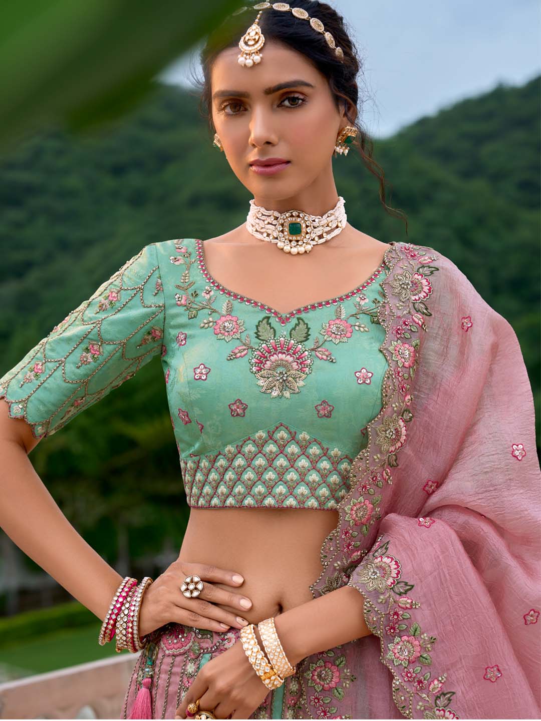 Seagreen-Pink Pure Viscos Patch-Work Embroidered Semi Stitched Lehenga Choli