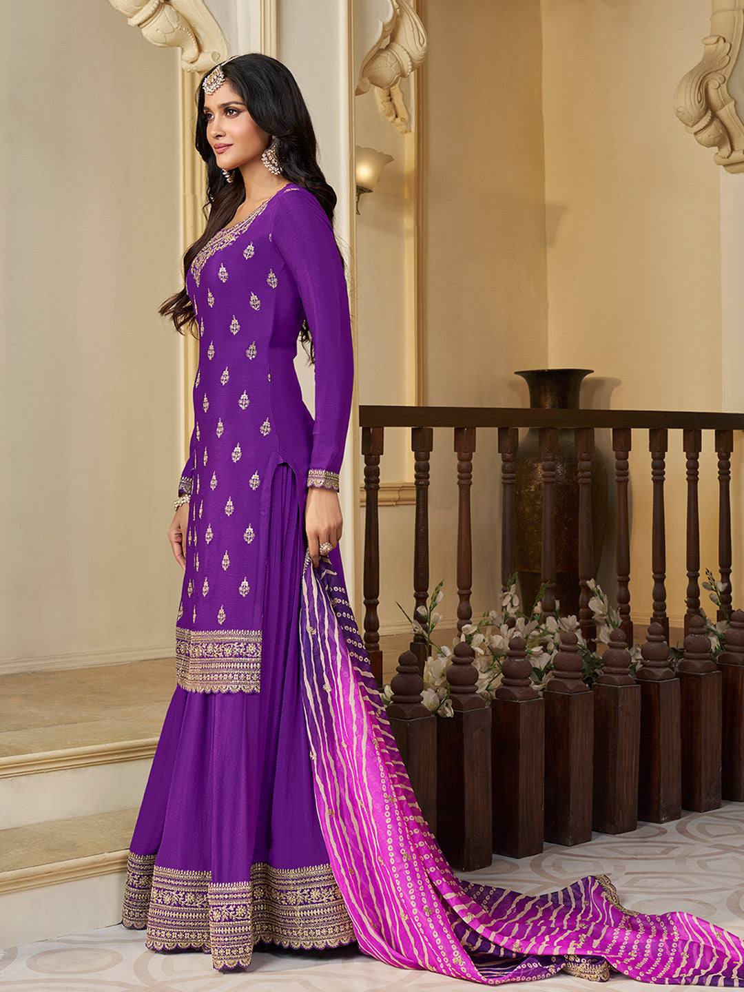 Chinon Fabric Embroidered Ready to wear Sharara & Kurta Set