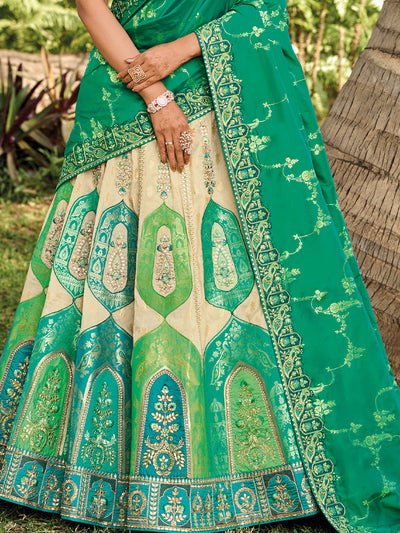 Off-White-Teal-Green Organza Silk Embroidered Cut Work Semi Stitched Lehenga Choli